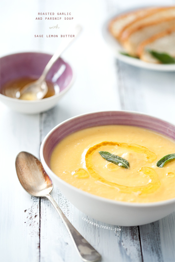 Roasted Garlic & Parsnip Soup with Sage Lemon Butter from Love & Olive Oil | Glitter & Grace Blog